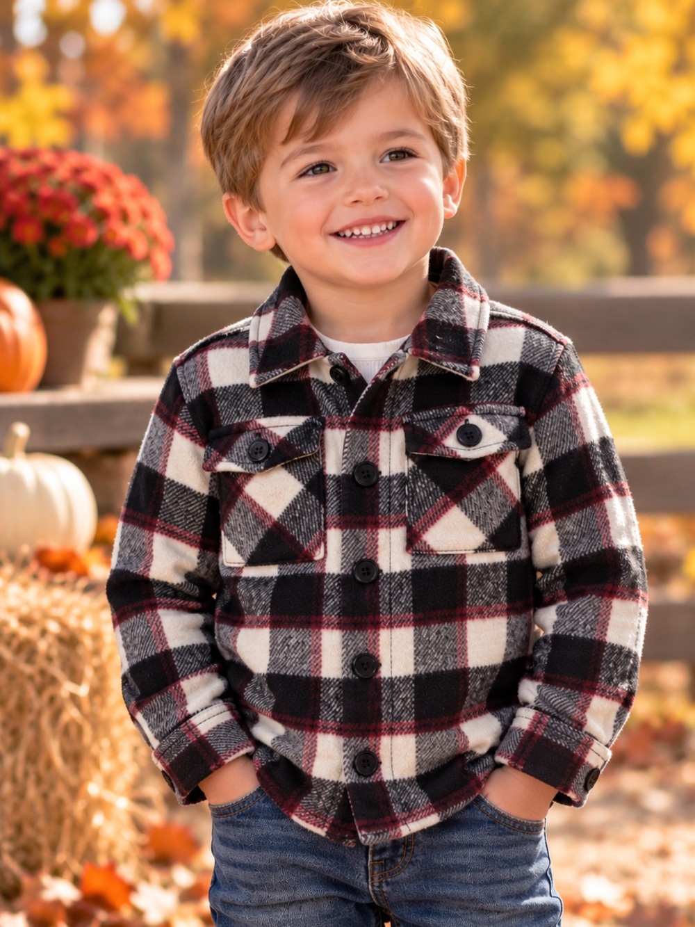 George Boys 4T Plaid Flannel Shirt Jacket | Black White Burgundy